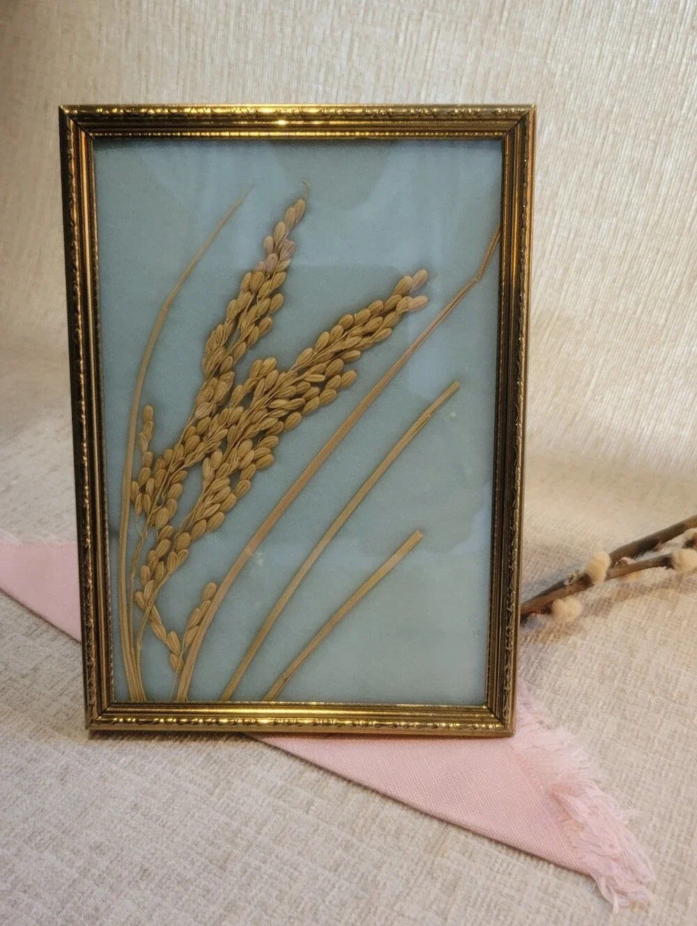 Vintage 3D Framed Pressed Rice Stalk Botanical Art - Gold Ornate Frame - MCM